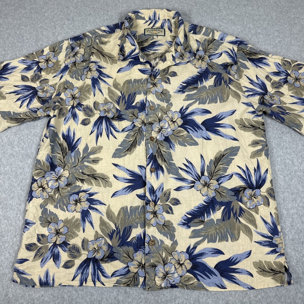 Pusser's Island Style 100% Linen shirt Size L Hawaiian Tropical Short Sleeve